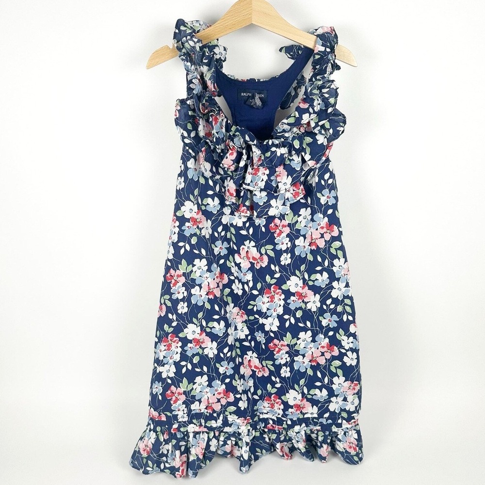 Ralph Lauren Floral Dress Girls 8 Navy Blue‎ Ruffle Racerback Sundress